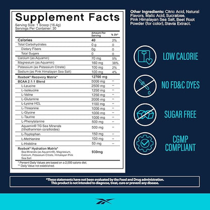Reebok REECover Amino Acids + Electrolytes | 8g EAAs, 5g BCAAs, Hydration Matrix | Muscle Recovery