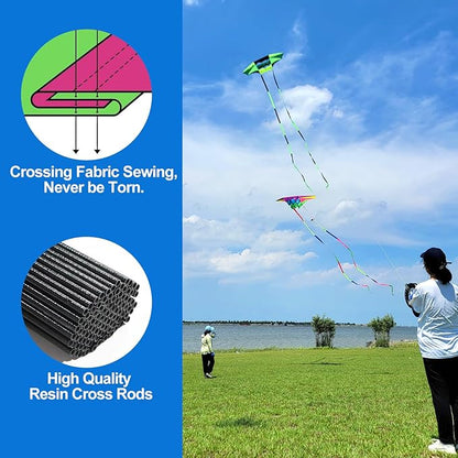 Beach Kites for Adults Large with Long Tail, 98 inches Super Easy Flyer 3D Rainbow Box Kites, Comes