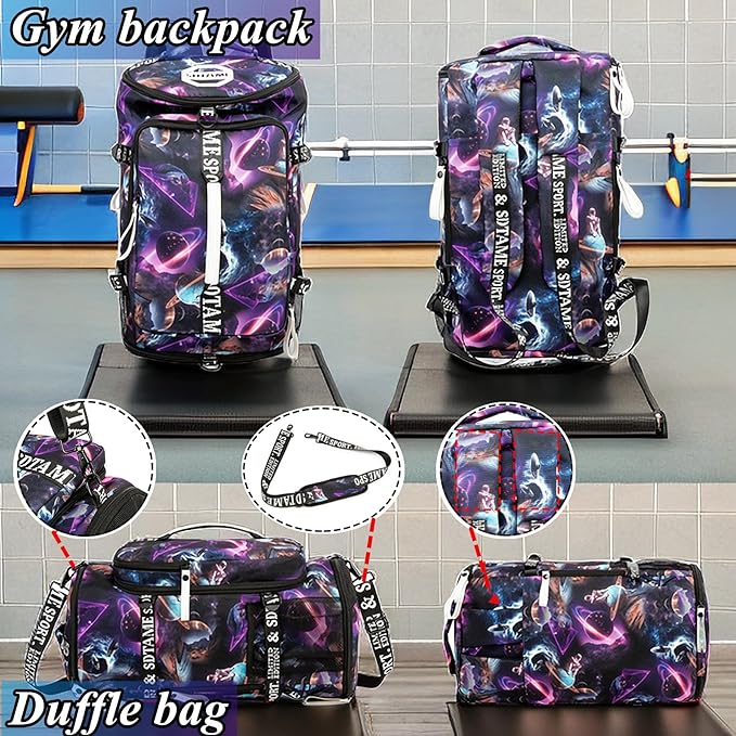 Gym Duffle Bag Backpack with Shoe Compartment,4 ways Travel Backpack for Women and
