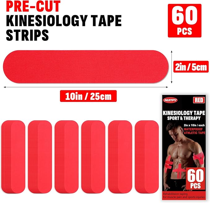 60PCS Precut Kinesiology Tape Strips, 2 inch x 10 inch Athletic Tape, Kinetic Tape, Elastic Muscle