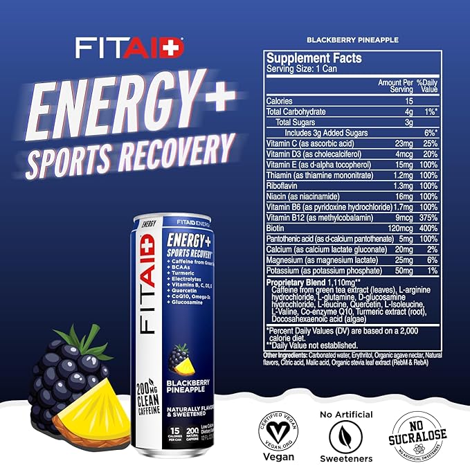 FITAID ENERGY, 200mg Natural Caffeine, Keto, Blackberry Pineapple, Omega-3s, 15 calories, Paleo