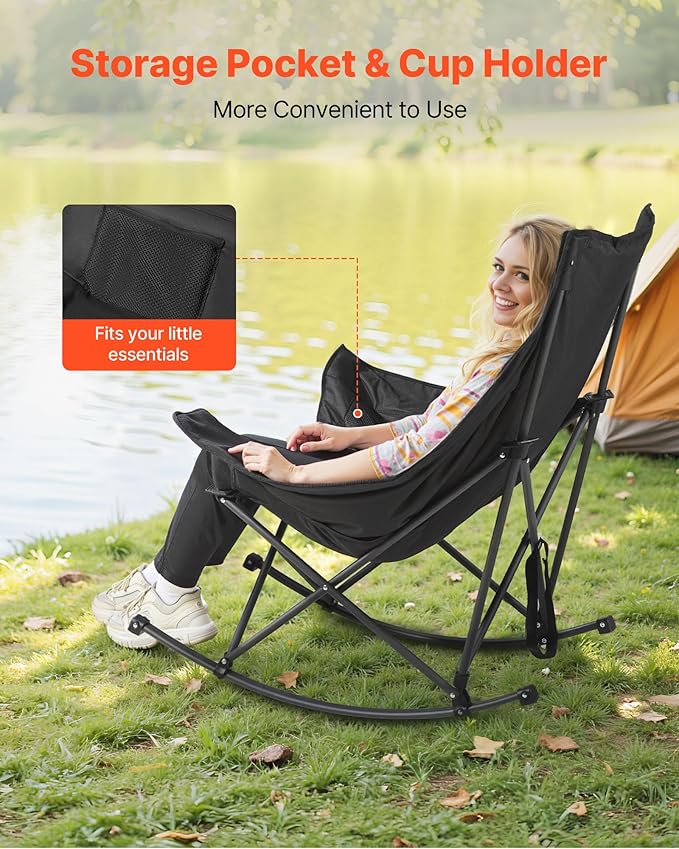 VEVOR Rocking Camping Chair, Portable Folding Rocker, Heavy-Duty Lawn Chair Recliner with Cupholder