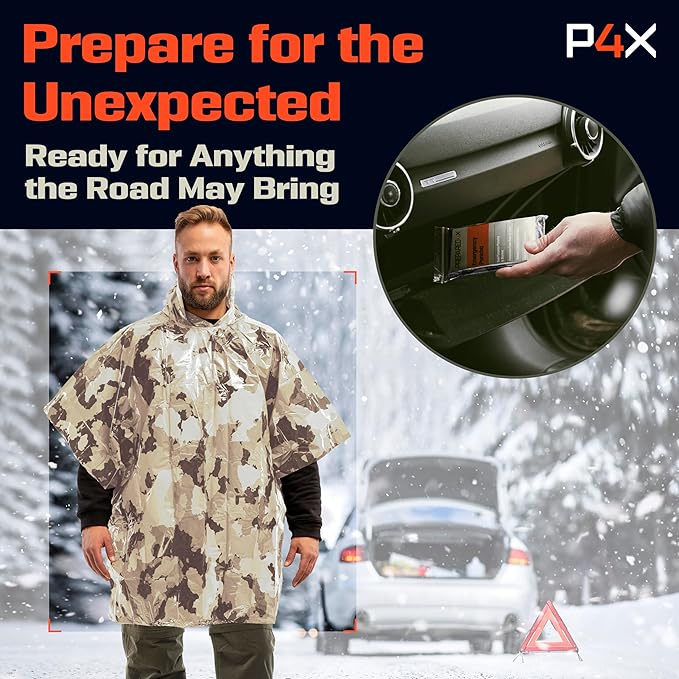 PREPARED4X Emergency Poncho and Mylar Blanket Liner - Waterproof, Wind-Resistant Outdoor Rain