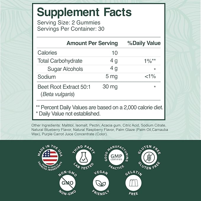 PurePremium Beet Root Gummies - 60 Sugar Free Chews (50:1 Equivalent 1500 mg) - Super Nitric Oxide