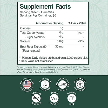 PurePremium Beet Root Gummies - 60 Sugar Free Chews (50:1 Equivalent 1500 mg) - Super Nitric Oxide