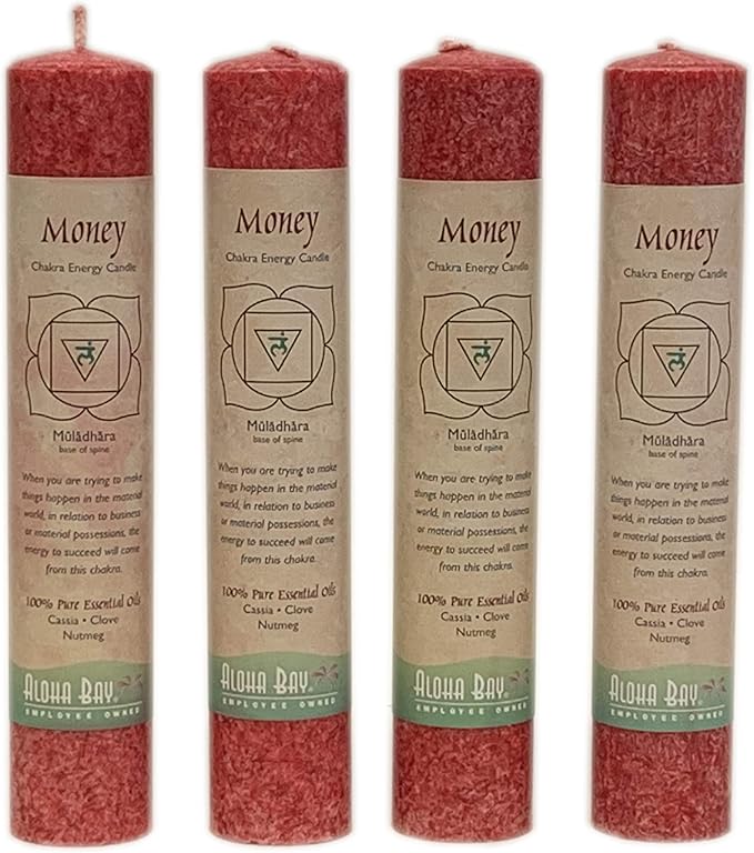 Premium Scented Candle Hand Made Chakra Energy Pillar | 4-Pack | Money, Muladhara | Yoga, Prayer &