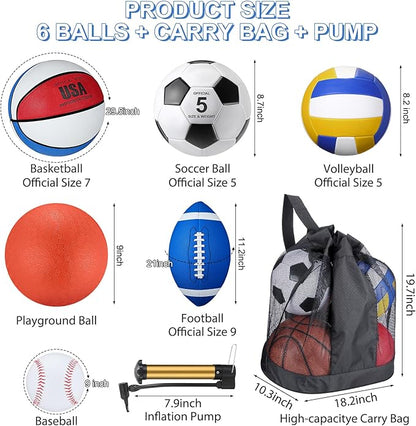 Libima 6 Pcs Multi Sport Ball Set Official Size Football, Basketball, Soccer, Volleyball