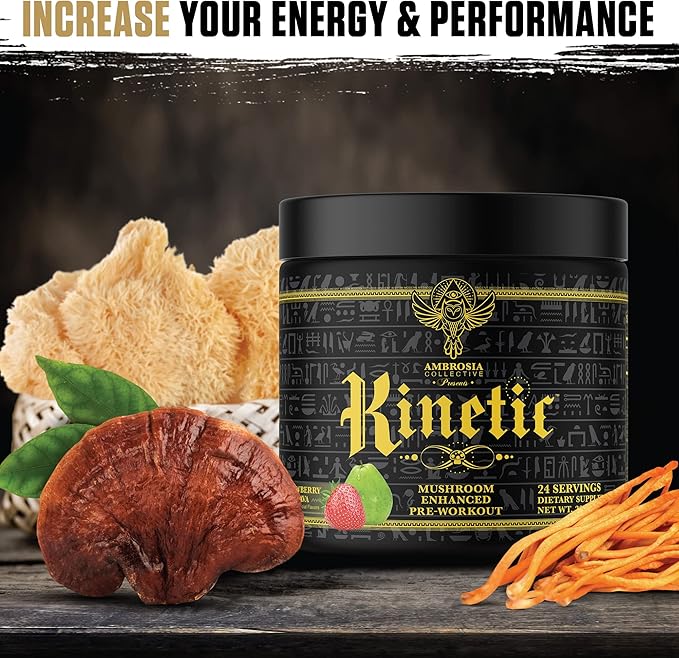 Ambrosia Kinetic Organic Preworkout, Mushroom Enhanced Natural Pre Workout Supplement, Nootropic
