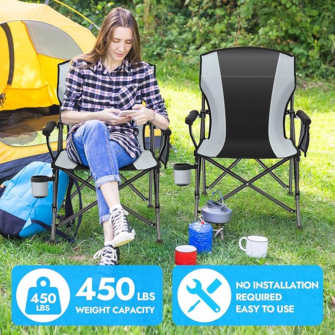 2 Pack Oversized Folding Camping Chair for Adults, Supports 450 LBS Camping Chairs, Heavy Duty