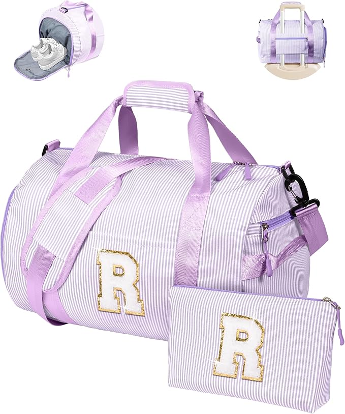 Gifts for Teenage Girls, Girl Gym Bag, Kids Initial Overnight Duffel Bags with Shoe Compartment