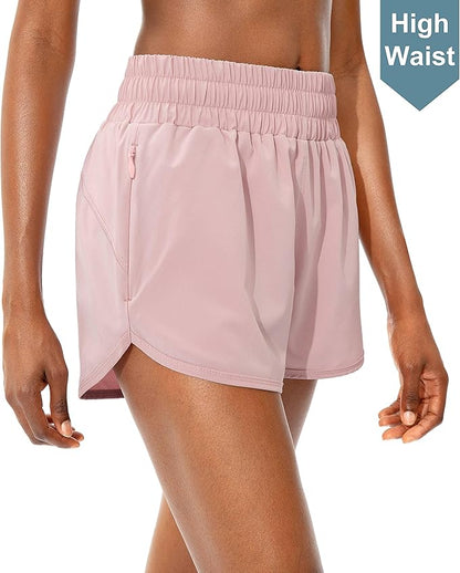 SANTINY Women's Running Shorts with Zip Pockets High Waisted Athletic Workout Gym Shorts for Women