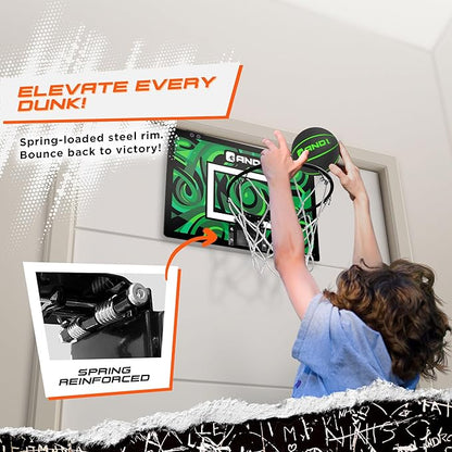 AND1 Over the Door Mini Basketball Hoop: 18x12 Shatterproof Backboard, 2 Mini Basketballs, and Hand