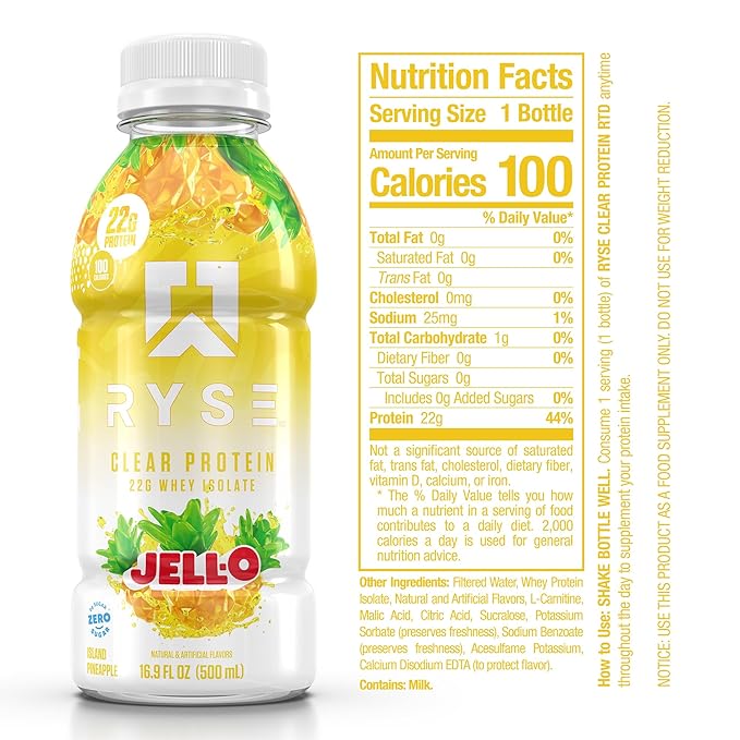 RYSE Clear Protein Shake - Jell-O Island Pineapple - 100 Calories, 22g Whey Isolate Protein