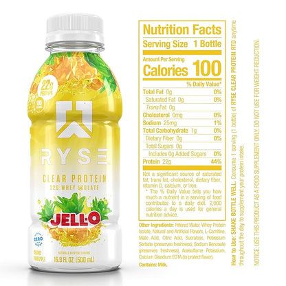 RYSE Clear Protein Shake - Jell-O Island Pineapple - 100 Calories, 22g Whey Isolate Protein