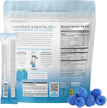 One Sol BCAA & Electrolyte Powder for Hydration & Energy, All-Natural Formula, 100% Vegan, Non-GMO