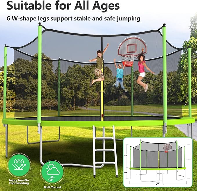 Upgraded 10/12/14/15/16FT Trampoline Outdoor, Large Kids Trampoline with Light, Stakes, Sprinkler