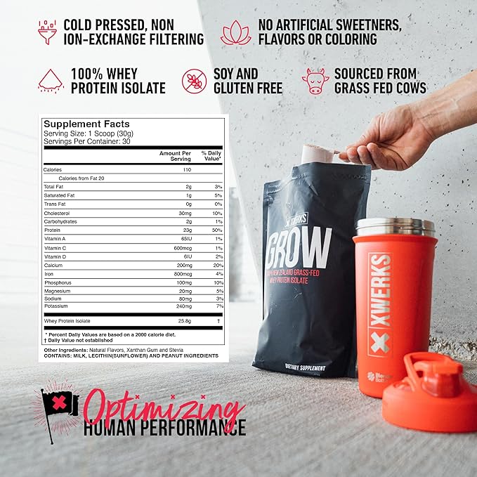 Xwerks Grow 100% New Zealand Grass Fed Whey Protein, 23g Pure Isolate Protein Powder Per Serving