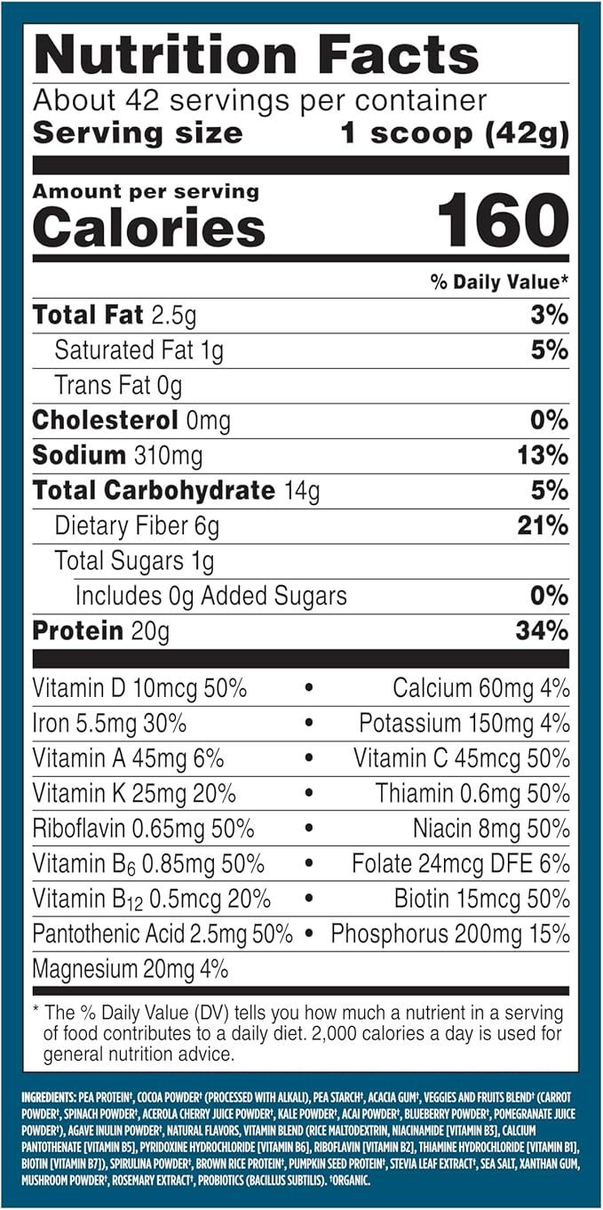 Vega All in One Nutrition Organic - 20g Plant-Based Pea Protein, Chocolate, 42 Servings, Vitamins A