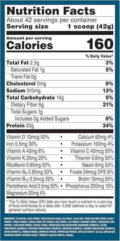 Vega All in One Nutrition Organic - 20g Plant-Based Pea Protein, Chocolate, 42 Servings, Vitamins A