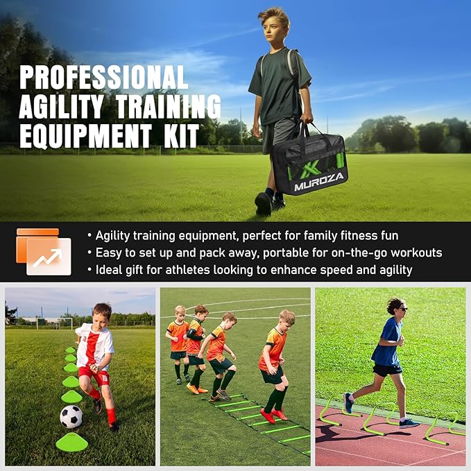Agility Ladder, Speed Training Equipment Set, 20ft Agility Ladder, 12 Soccer Cones, 4 Hurdles, Jump