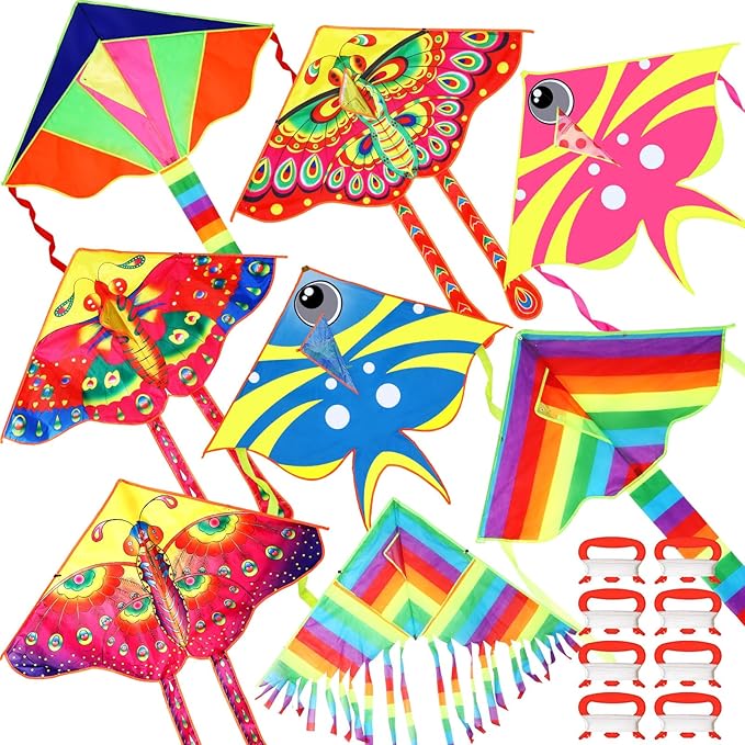 8 Pack Kites for Kids Butterfly Fish Rainbow Delta Pattern with 8 Pcs 109 Yard Kite String Large
