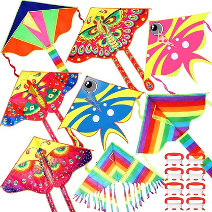 8 Pack Kites for Kids Butterfly Fish Rainbow Delta Pattern with 8 Pcs 109 Yard Kite String Large