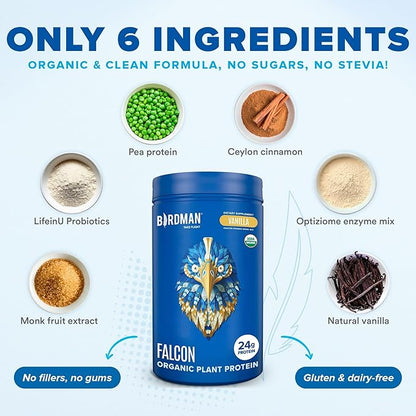 Falcon Organic Vegan Protein Powder Vanilla, 24g Protein, Sugar Free, Probiotics, Low Carb, Keto