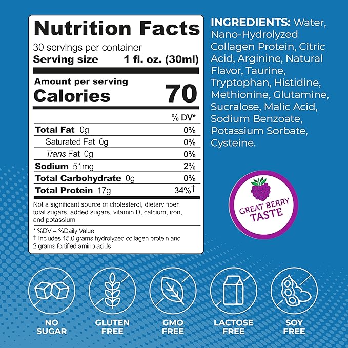 Liquid Collagen Protein Shot, 17g Clear Protein Nano-Hydrolyzed Grass Fed Collagen, 2g Arginine for