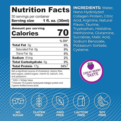 Liquid Collagen Protein Shot, 17g Clear Protein Nano-Hydrolyzed Grass Fed Collagen, 2g Arginine for