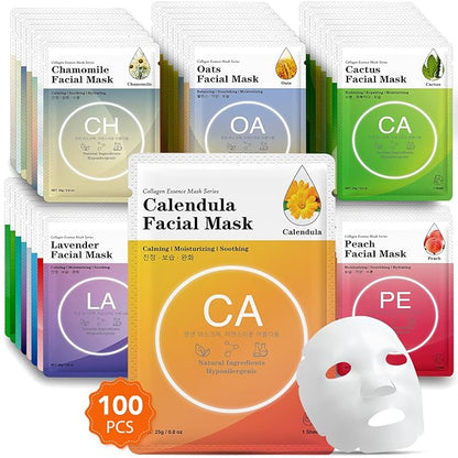 VESPRO 100 Pack Collagen Essence Sheet Facial Masks, Bulk Face Masks Skincare, Hydrating Face Masks
