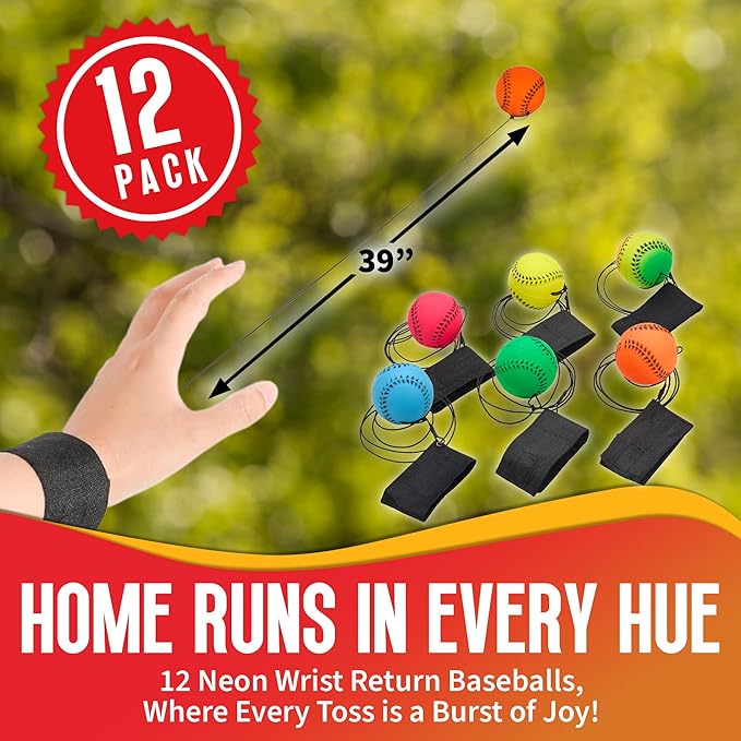 Wrist Baseballs Neon Reactive - 12 Pack - Practice Sports Balls for Fun Outdoor Activity for Kids