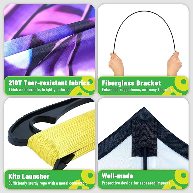 Butterfly Kites for Kids & Adults, 55" x 27" Easy to Fly for Beginners, Dreamy Purple Kite with 328