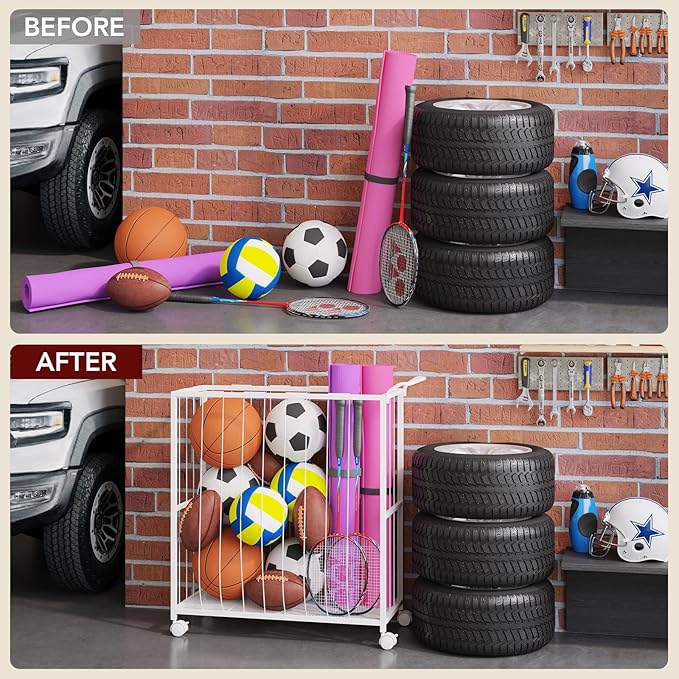 Ball Storage Bin Rolling Sports Ball Cart, Metal Garage Organizer Sport Rack, Ball Basket Storage