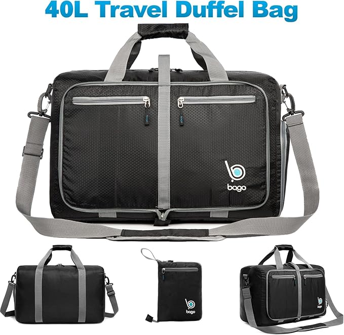Bago Foldable Duffel Bags for Traveling Women & Men - 40L Sports Packable Duffle Bag for Travel