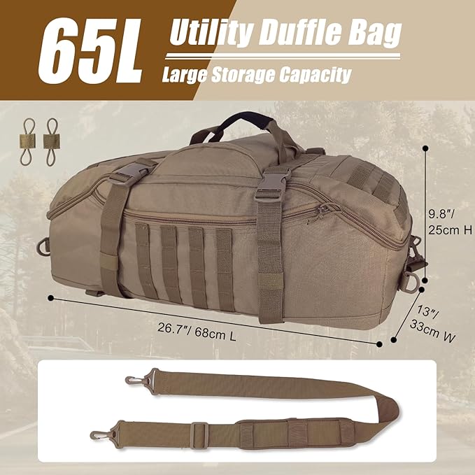 65L Large Travel Gym Duffle Bag Military Tactical Backpack, Army Pack 3 Day Bug Out Bag Rucksack
