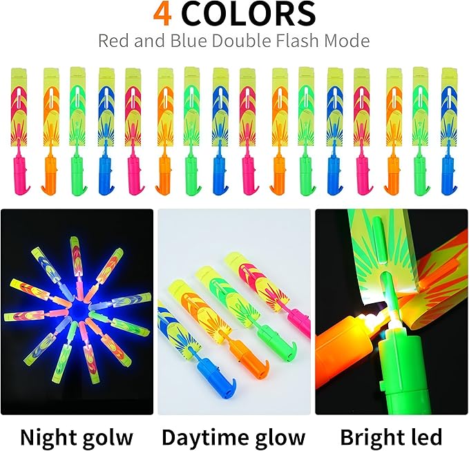 25 Packs LED Flying Toys Set with Whistle,25 Rocket Slingshot+25 Glow Arrow Helicopter for Summer