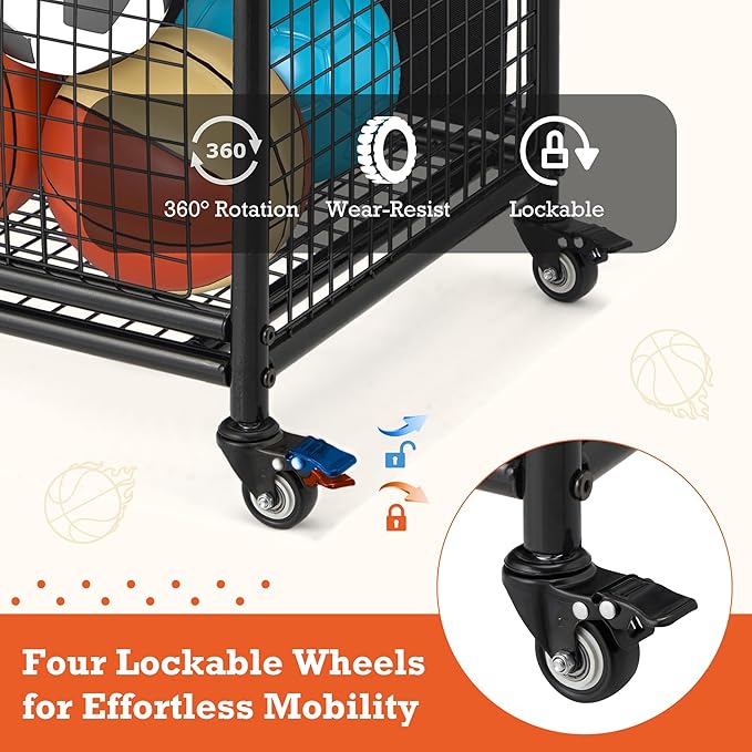 AECOJOY Ball Cart Storage, Rolling Basketball Bin with Wheels for Garage, School, Gym, Sports