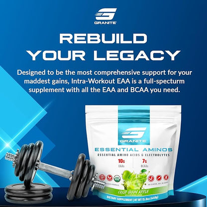 Granite Essential Amino Acids Powder, Green Apple Flavor, with 10g EAAs and 7g BCAAs, Supports
