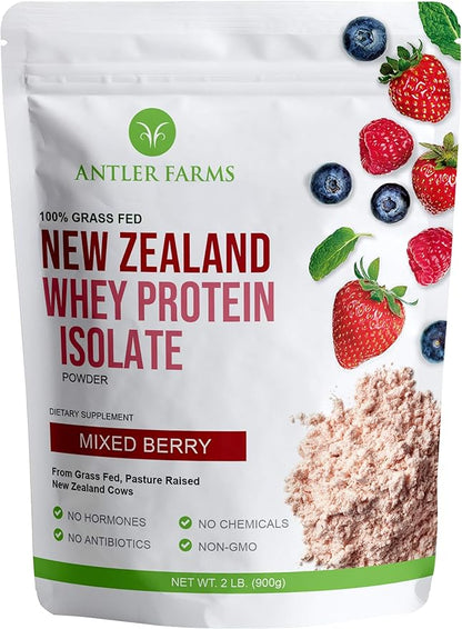 Antler Farms - 100% Grass Fed New Zealand Whey Protein Isolate, Mixed Berry Flavor, 30 Servings, 2