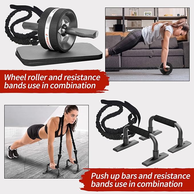 Ab Rollers Wheel Kit, Exercise Wheel Core Strength Training Abdominal Roller Set with Push Up Bars