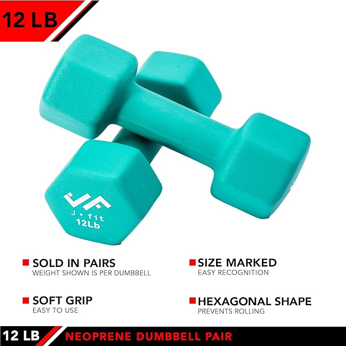 JFIT Dumbbell Pairs or Sets – Neoprene & Vinyl Coated Hand Weights for Home Gym, Strength Training