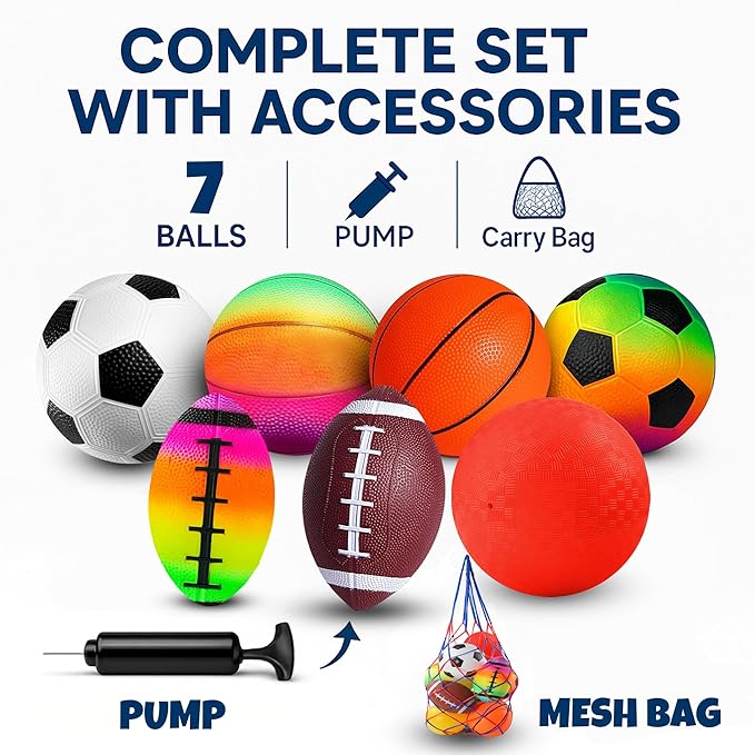 8.5 Inch Sports Balls Set 7 Pack,Playground Balls for Kids&Adults, Includes Soccer Ball