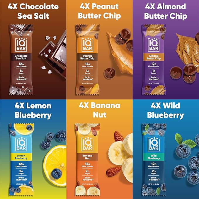 IQBAR Brain and Body Plant Protein Bars - Chocolate & Fruit Variety - 24-Count Low Carb - Gluten