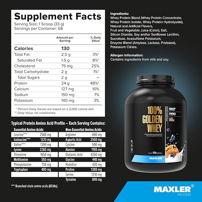 Maxler 100% Golden Whey Protein - 24g of Protein per Serving - Premium Whey Protein Powder for Pre