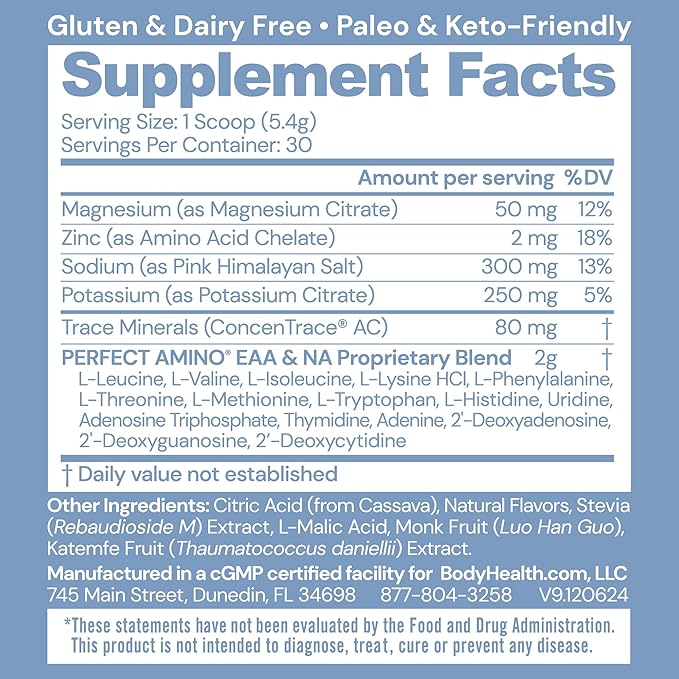 BodyHealth PerfectAmino Electrolytes Powder No Sugar, Keto Sugar Free Fasting Electrolytes Drink