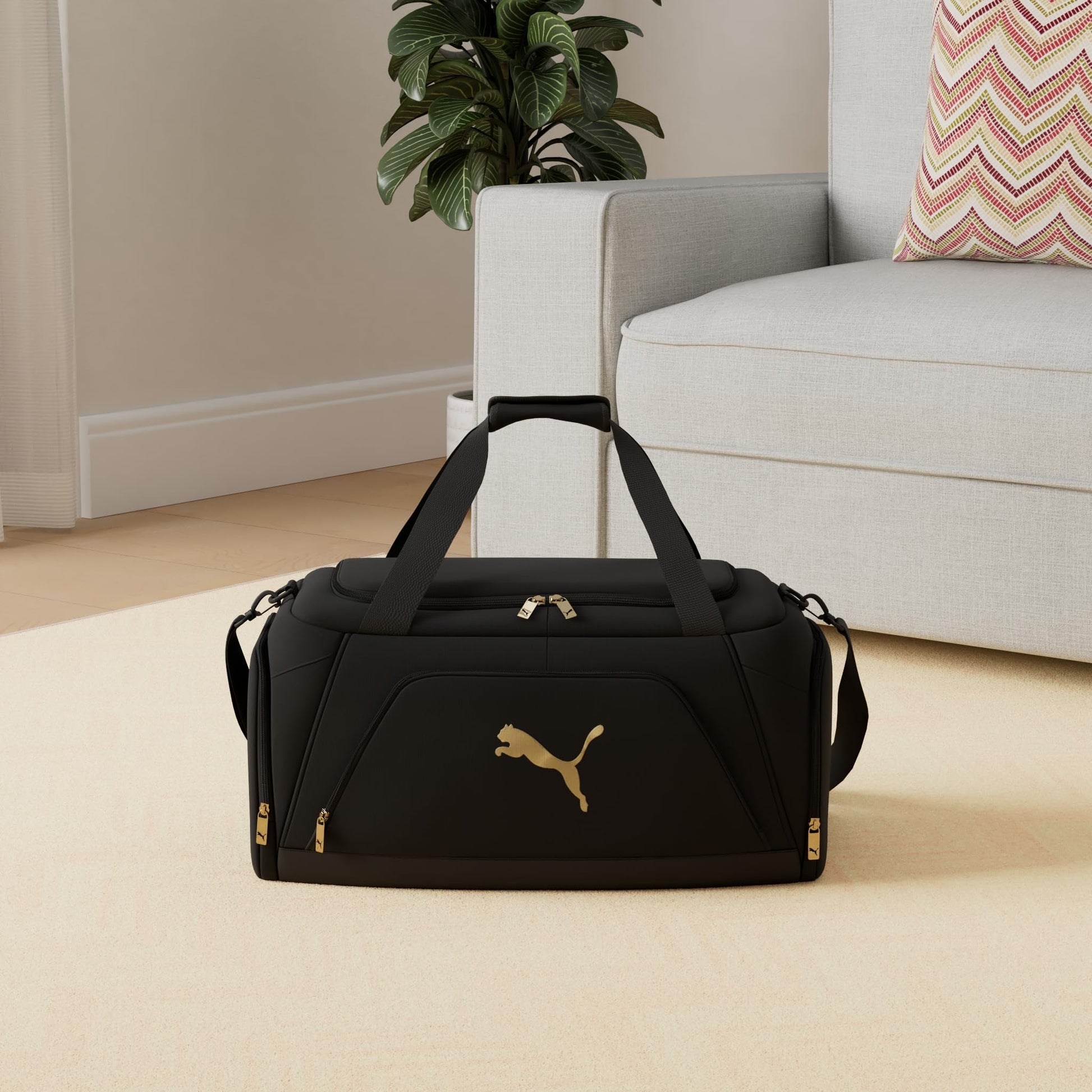 PUMA Accelerator Duffel Bag with Removable Strap & Shoe Pocket, Black/Gold, One Size