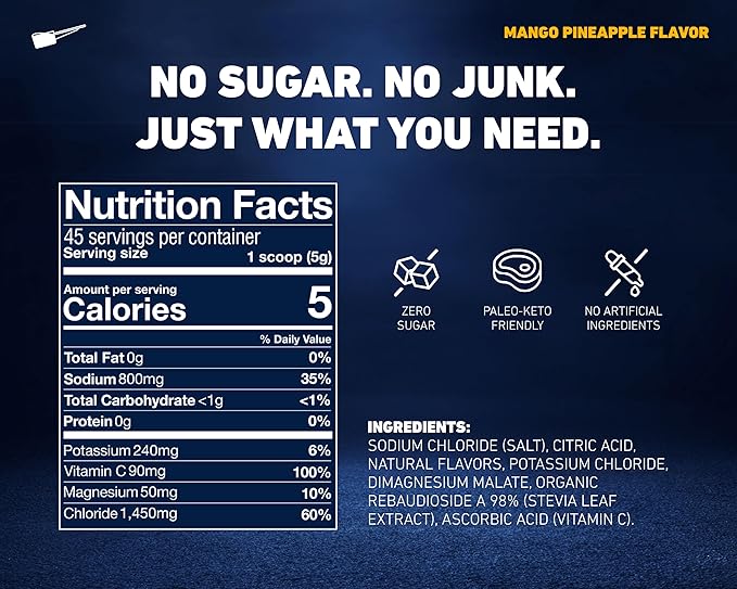Electrolyte Powder Mango Pineapple - Zero Sugar, Keto, Stevia, Sodium, Potassium, Magnesium - 45