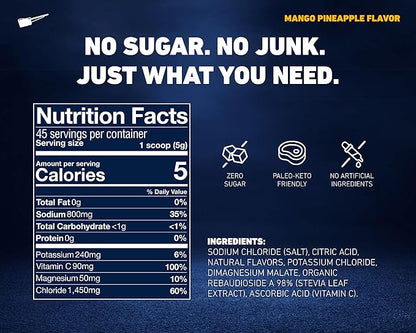 Electrolyte Powder Mango Pineapple - Zero Sugar, Keto, Stevia, Sodium, Potassium, Magnesium - 45