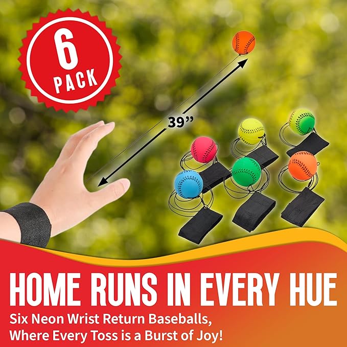 Wrist Baseballs Neon Reactive - 6 Pack - Practice Sports Balls for Fun Outdoor Activity for Kids