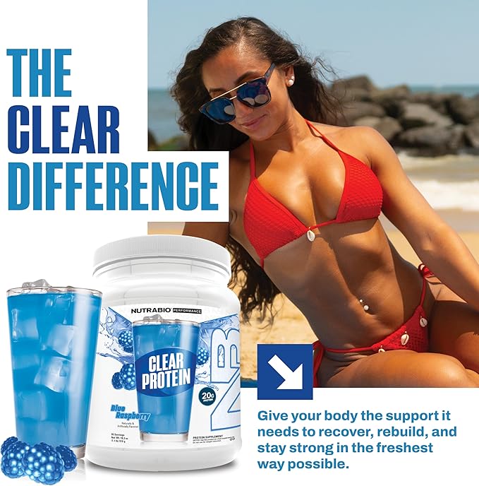 NutraBio Clear Protein Powder, Blue Raspberry - 20 Servings, 20g Clear Whey Protein Isolate, 0